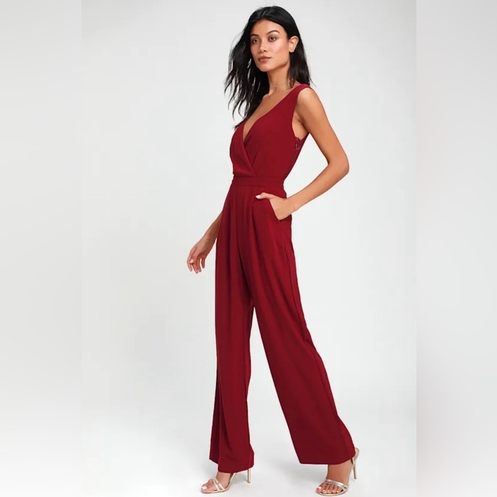 Lulus NWT Kiska Burgundy Lace Wide-Leg Jumpsuit Sz Med